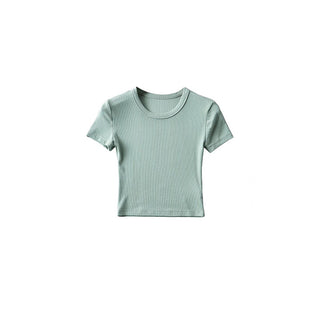 Basic Style Round Neck Tight Stretch Solid Color Short Sleeve T-shirt Top - Phosgene