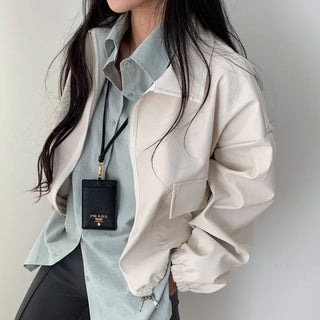 Lapel Double Zipper Pocket Long Sleeve Leather Coat - Phosgene