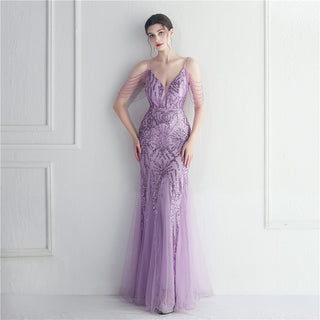 Mesh Beaded Bridal Wedding Dinner Long Camisole Evening Gown - Phosgene