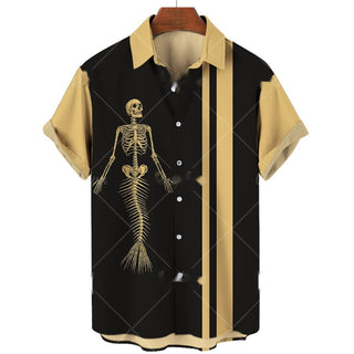 Men's Short-sleeve Lapel Shirt 3D Digital Skull Printed Shirt Phosgene