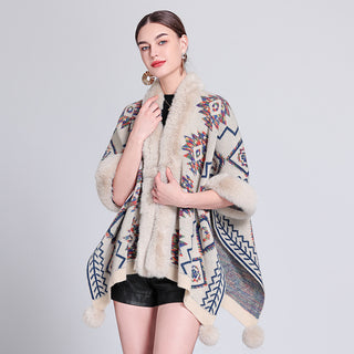 Ethnic Style Fur Ball Shawl Cape Cloak - Phosgene