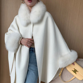 Cape Fox Fur Collar Cashmere Wavy Coat - Phosgene