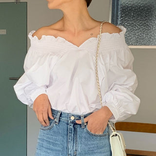 French Milk Blue And White Off-shoulder Reverse Lantern Sleeve Shirt Women - Phosgene