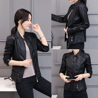 New Spring And Autumn Korean Style Motorcycle Stand-up Collar Slim Fit Slimming Leather Coat - Phosgene