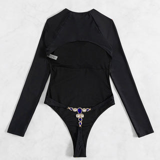 Long Sleeve Backless T-back Light Diamond One-piece Swimsuit - Phosgene