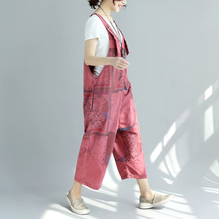 Printed Worn Looking Washed-out Big Crotch Ninth Plus Size Stitching Denim Suspender Pants - Phosgene