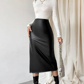 Commuter French Sheath PU Leather Skirt Autumn And Winter Black Slit Straight Skirt - Phosgene