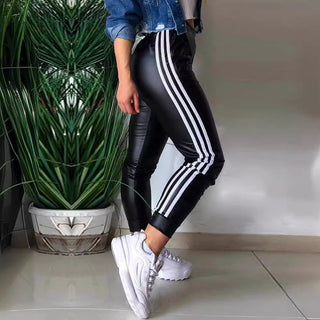 Women's Fashion New PU Side Ribbon Stitching Casual Trousers Phosgene