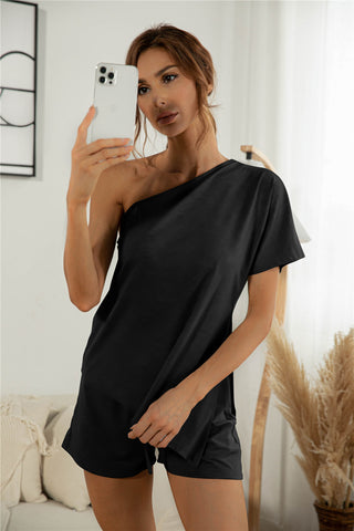 Off-the-shoulder Short Sleeve Sloping-shoulder Off The-shoulder Casual Two-piece Suit - Phosgene