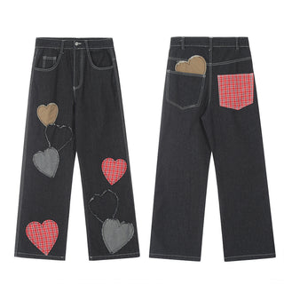 Contrast Color Love Patch Denim Straight-leg Trousers Men Phosgene