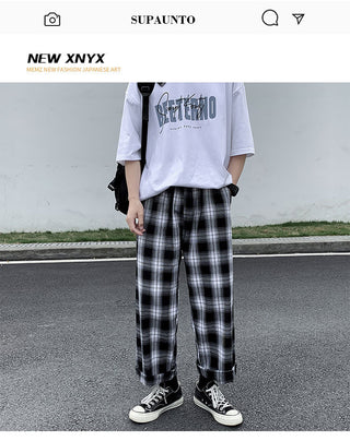 Leisure Plaid Loose Fried Street Draping Draggle-tail Straight Trousers Phosgene