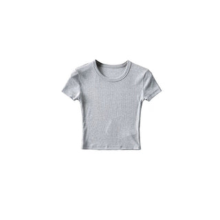 Basic Style Round Neck Tight Stretch Solid Color Short Sleeve T-shirt Top - Phosgene