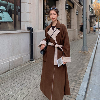 Women's Long Knee Length Loose Contrasting Woolen Coat - Phosgene