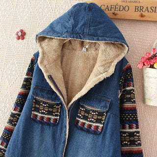 Retro Color-blocked Sleeve Printed Hooded Denim Cotton Coat - Phosgene