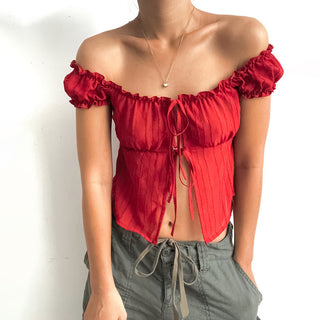 All-match Short Sleeve Puff Sleeve Hot Girl Tied Top Women - Phosgene