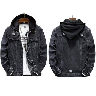 Men's Casual Jacket Hole Detachable Hooded Denim Jacket - Phosgene