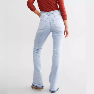 Women's High Waist Button Row Elastic Denim Pants Phosgene